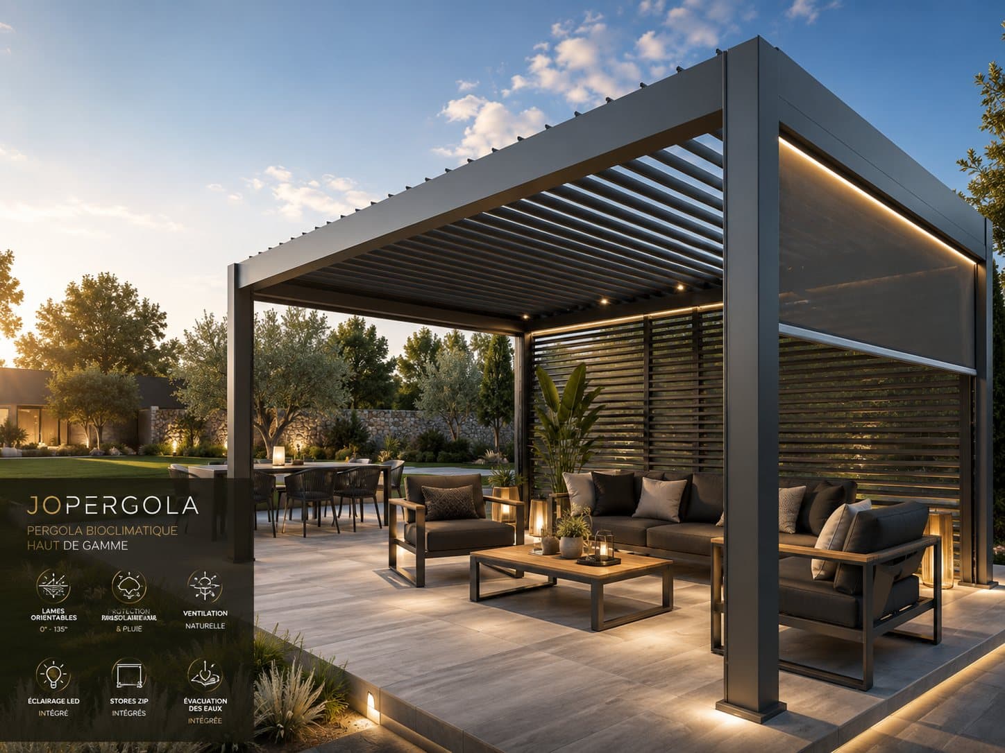 Pergola bioclimatique Jopergola sur une terrasse aménagée au crépuscule